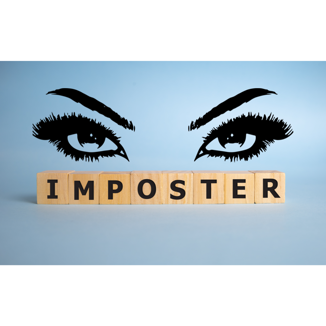 Outline of eyebrows and eyes in the colour black. The eyes have long, thick eyelashes. The eyes are looking over the word "imposter" with a judgemental stare.