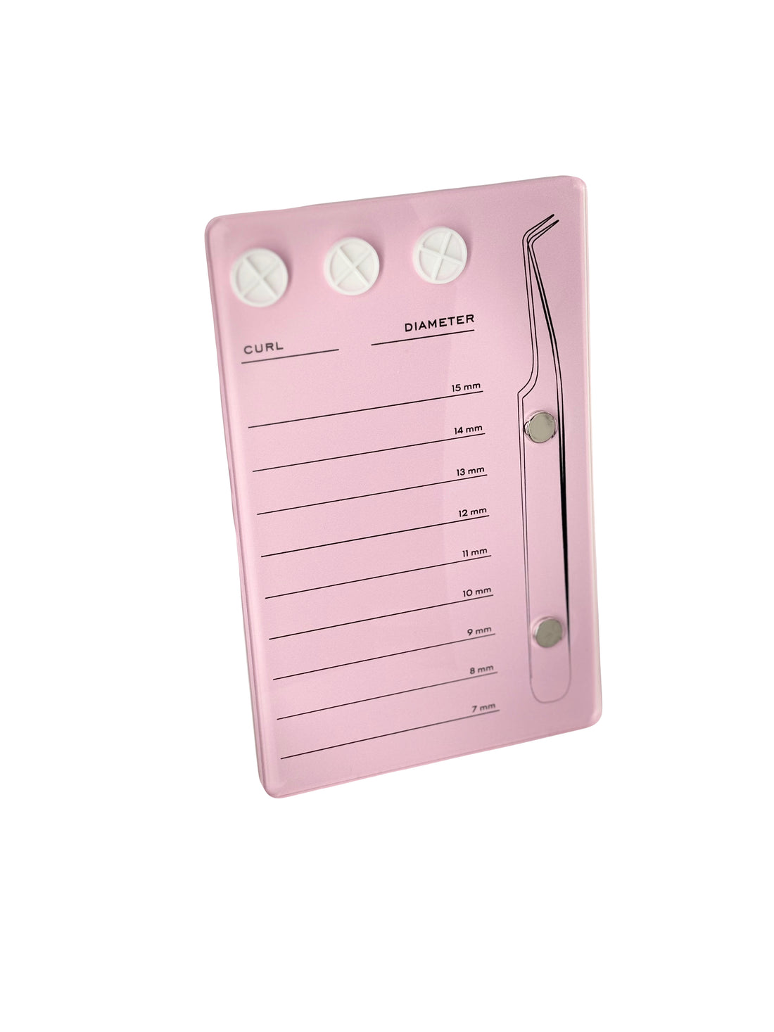 A pink lash tile with three white glue cupholders at the top. Below the cup holders are the words Curl and Diameter.  On the side, there is a picture of a tweezer with two magnets that hold your tweezers. There are 9 horizontal lines going down the tile that indicate different millimetres to organize lash strips.