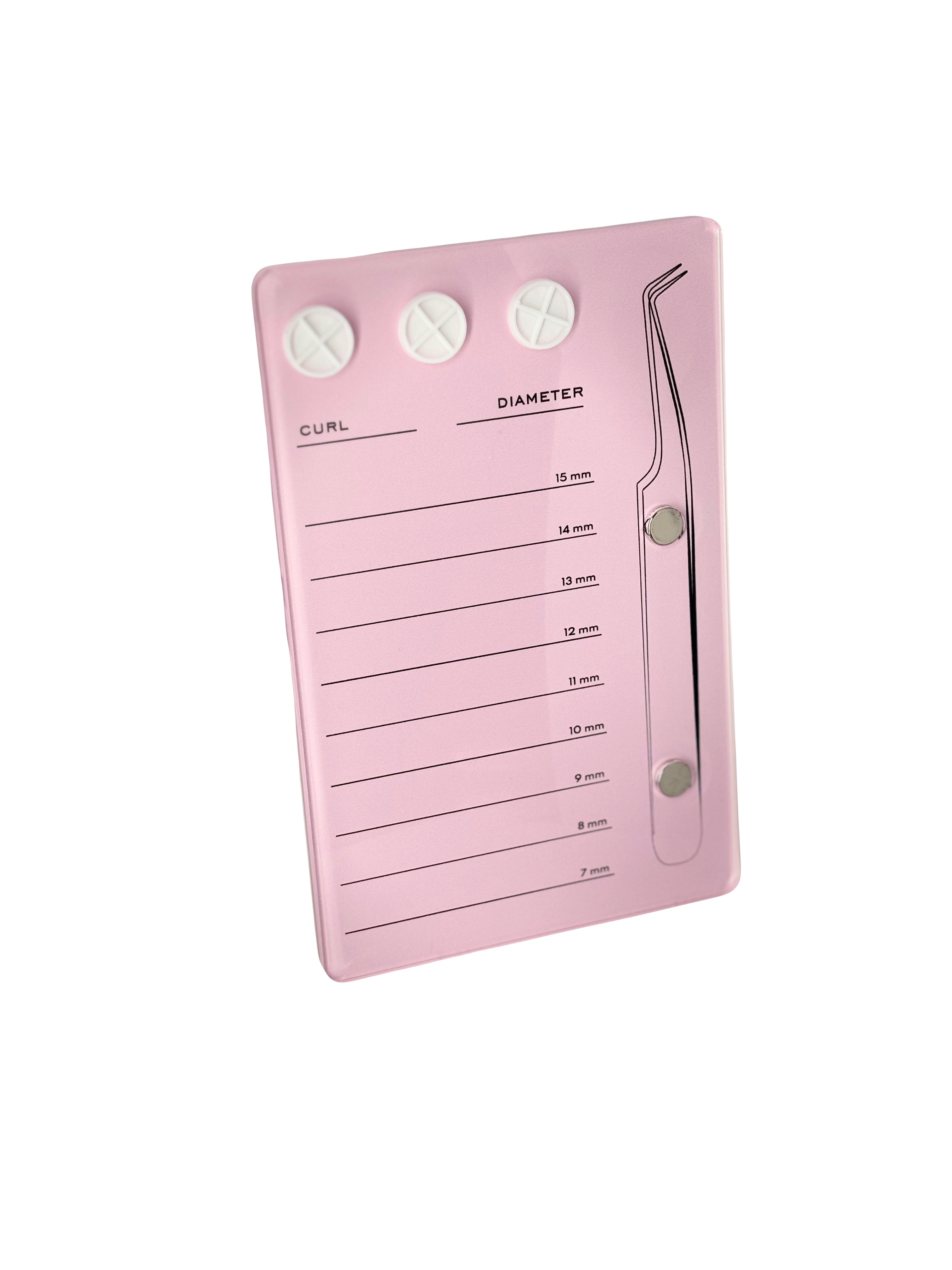 A pink lash tile with three white glue cupholders at the top. Below the cup holders are the words Curl and Diameter. On the side, there is a picture of a tweezer with two magnets that hold your tweezers. There are 9 horizontal lines going down the tile that indicate different millimetres to organize lash strips.