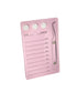 A pink lash tile with three white glue cupholders at the top. Below the cup holders are the words Curl and Diameter. On the side, there is a picture of a tweezer with two magnets that hold your tweezers. There are 9 horizontal lines going down the tile that indicate different millimetres to organize lash strips.