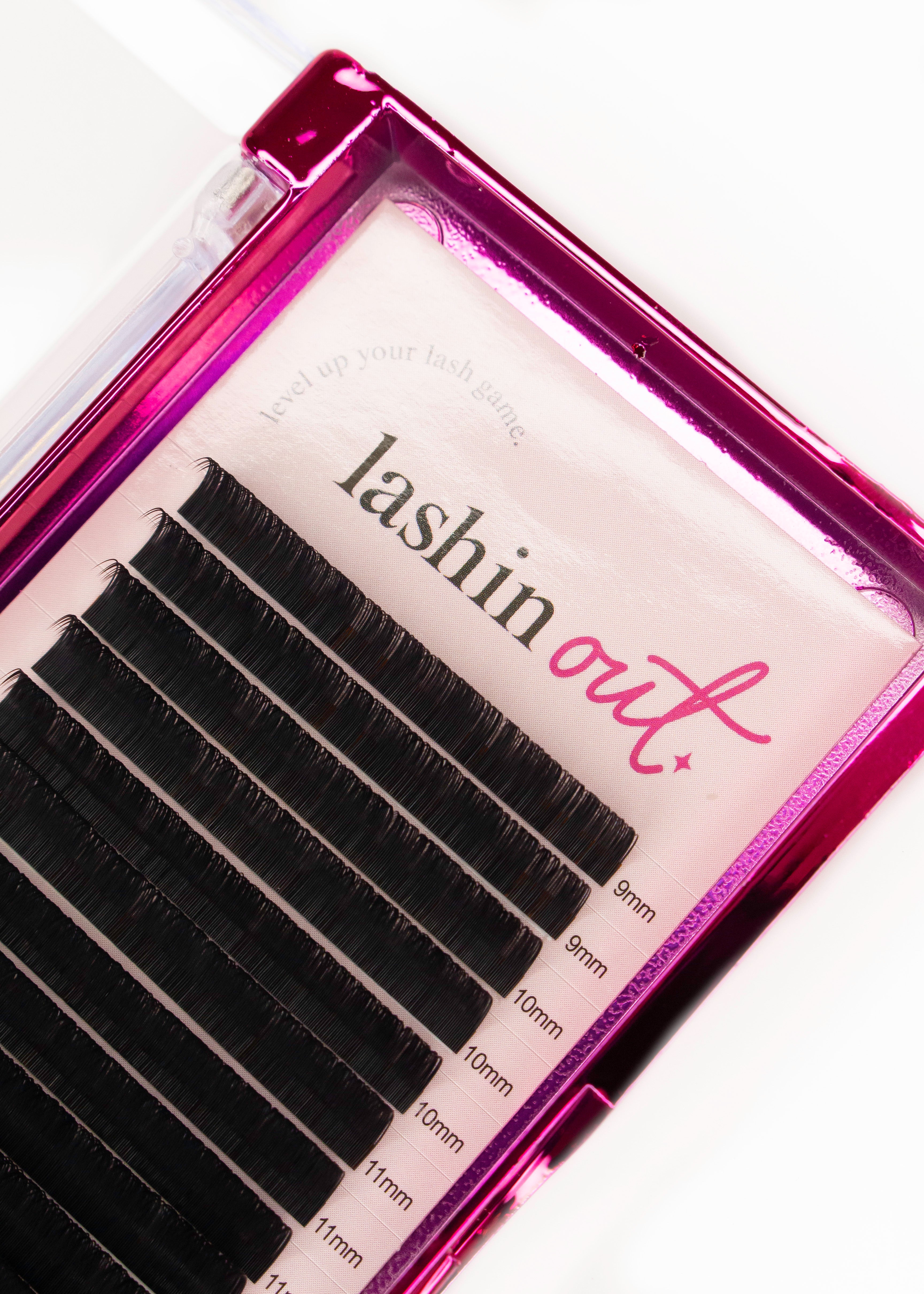 Pink tray of mixed length classic lashes. The words &