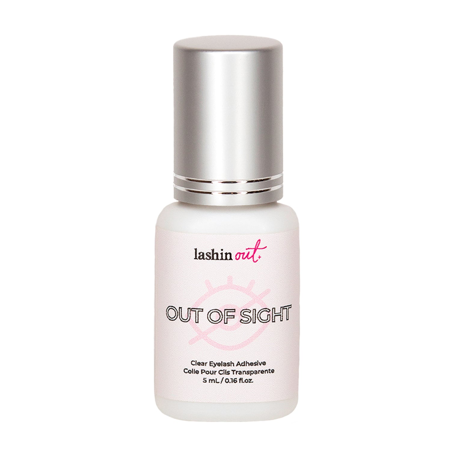 A bottle of Out of Sight clear eyelash adhesive. The bottle is white with a silver top. The words &