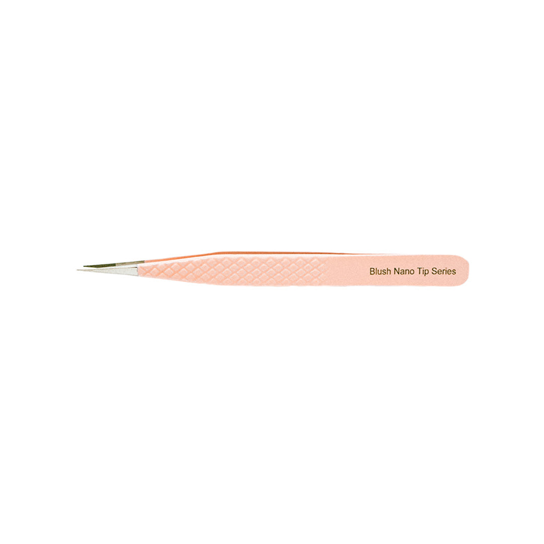 Side view of the Straight Blush Nano Tip Lash Tweezer. The tweezer is on its side showing one side of the tweezer.