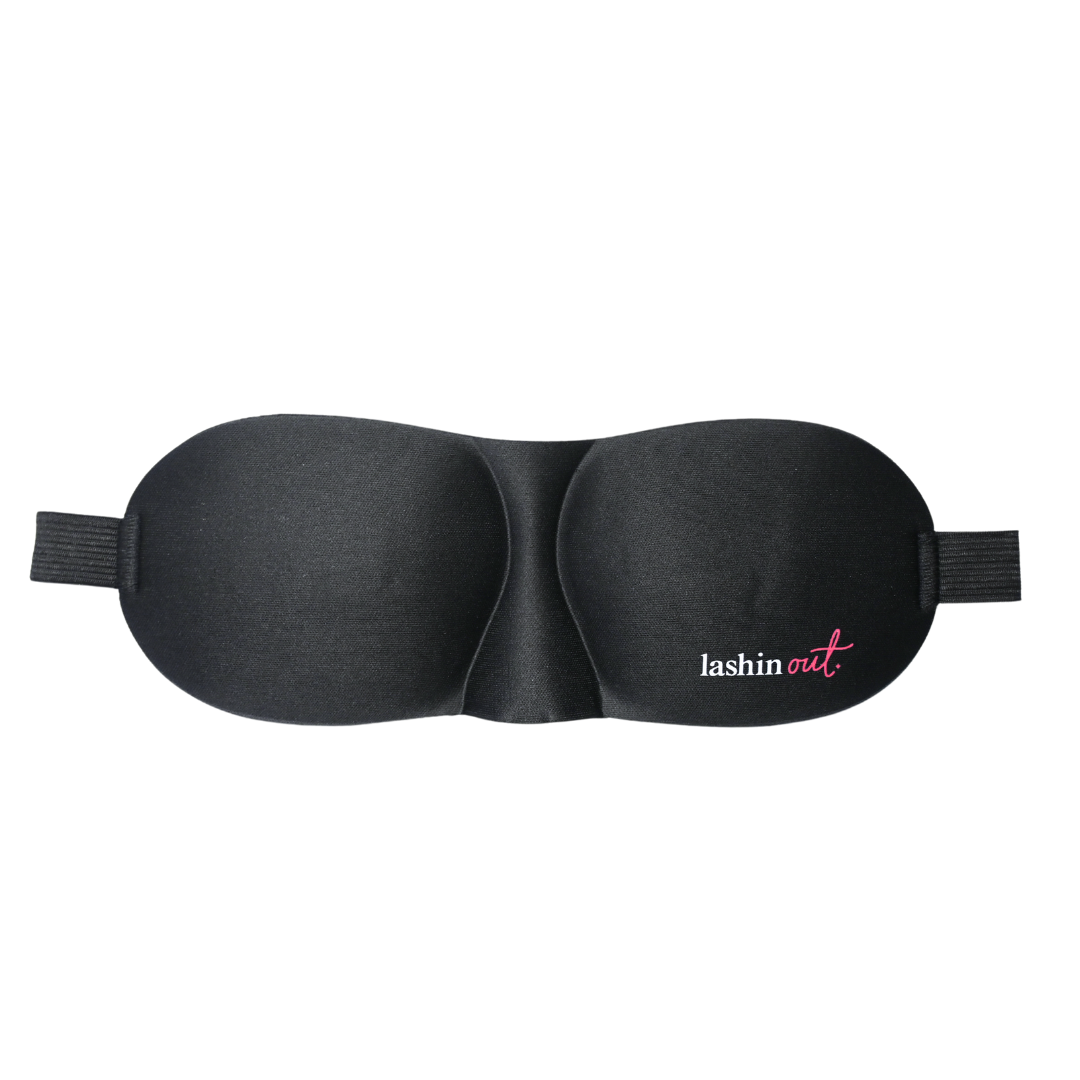 Straight on view of a black eyelash extension sleep mask. 