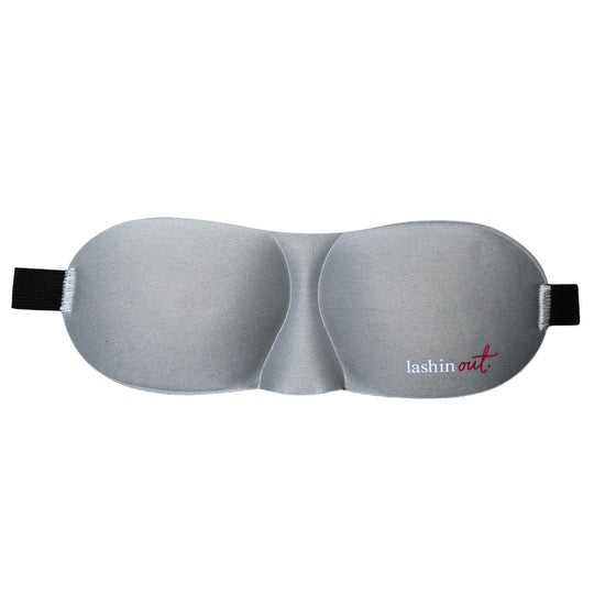 Straight on view of a grey eyelash extension sleep mask. 