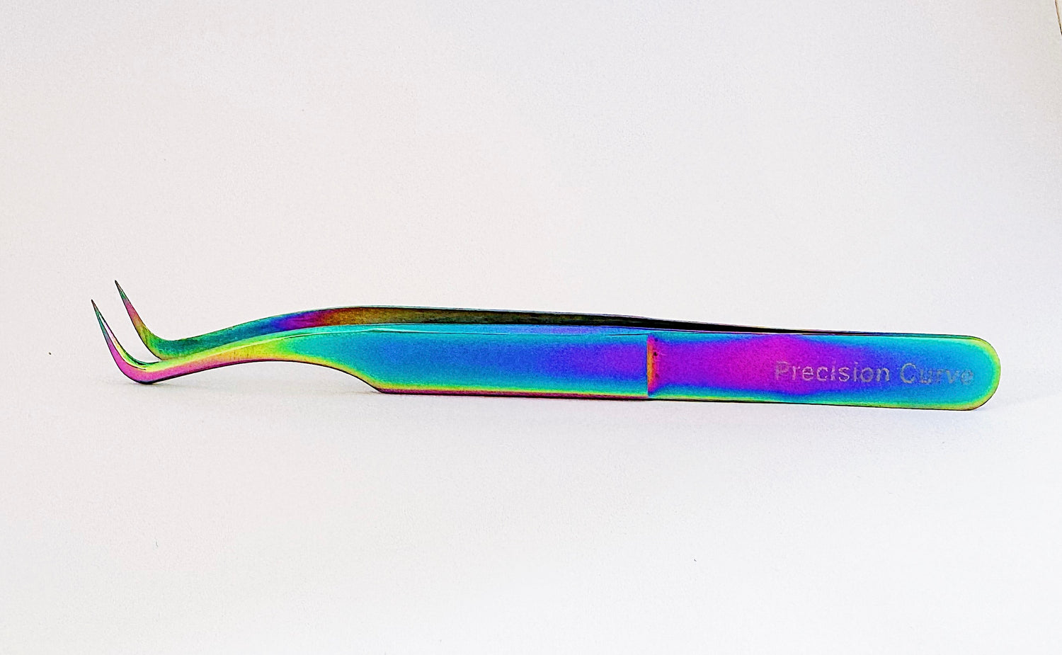 Upright side view of the  Signature Series Precision Curve Tweezer. The tips are curved and pointing up. 