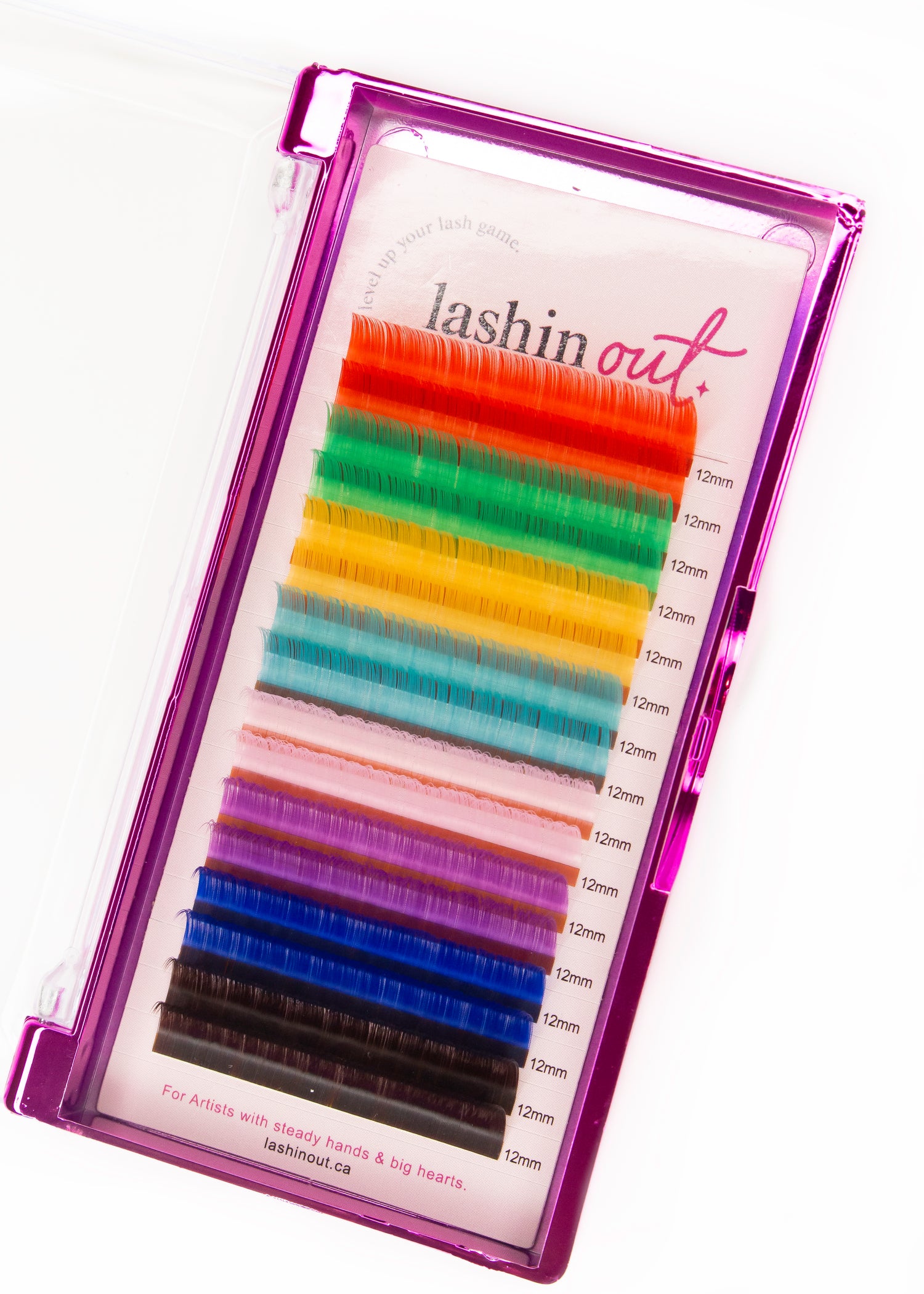 A tray of multicolored lashes. The colours are red, green, yellow, blue, pink, purple, dark blue and dark brown. There are two lines of each color. They are 12 mm lashes. 