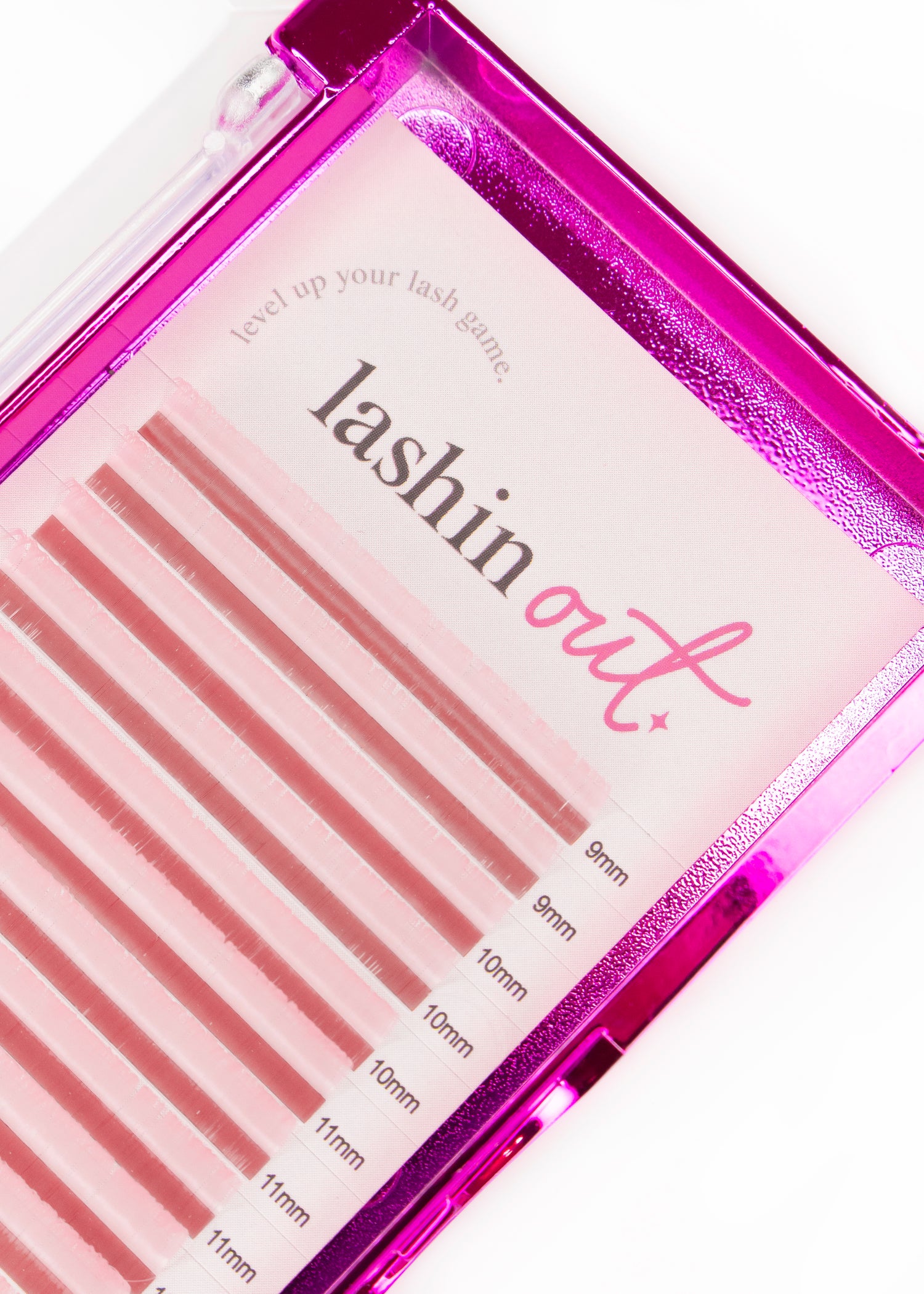 A tray of pink eyelash extensions. Each strip is a different size. There are two strips of 9mm, 3 strips of 10 mm, 3 strips of 11 mm. 