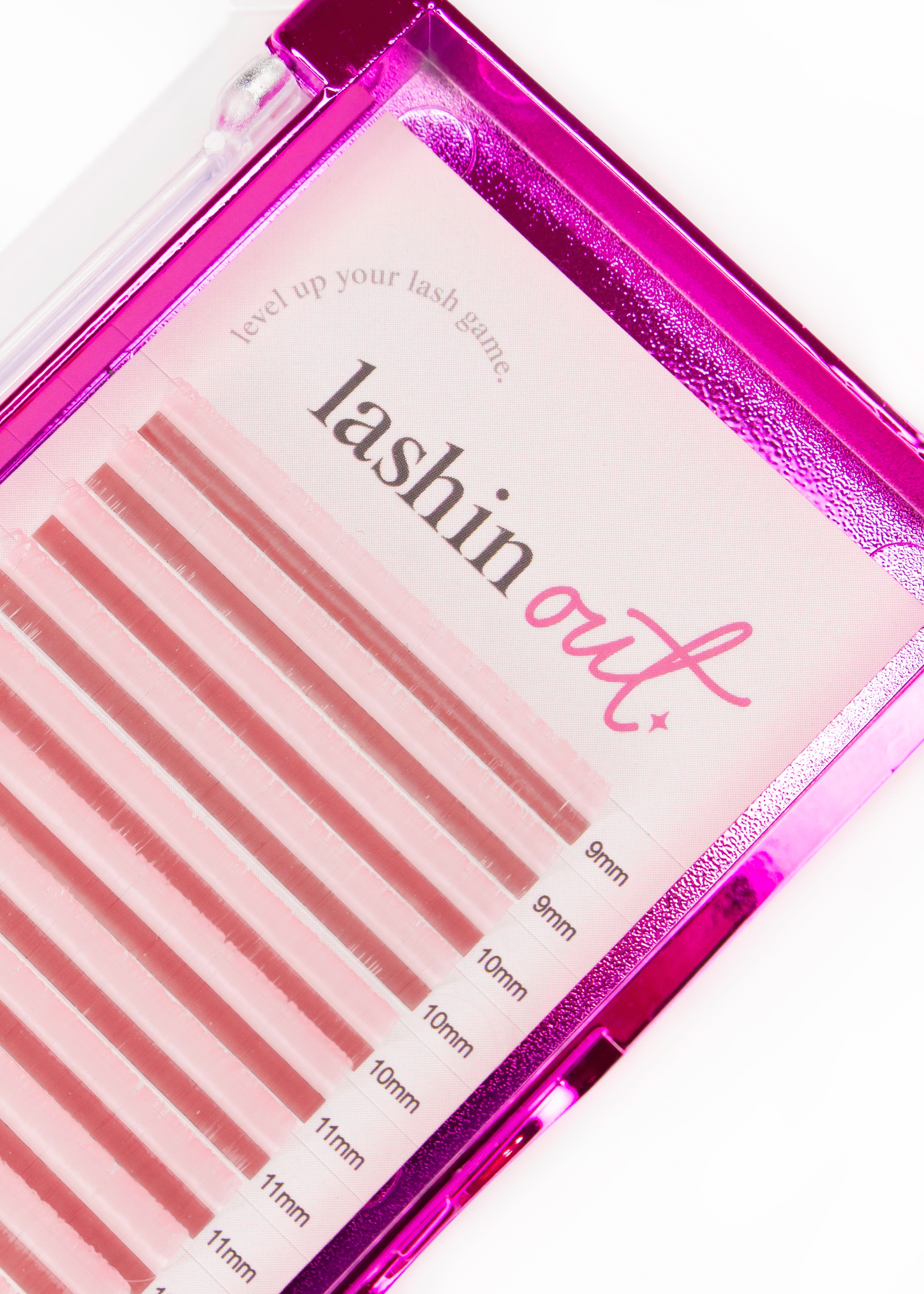 A tray of pink eyelash extensions. Each strip is a different size. There are two strips of 9mm, 3 strips of 10 mm, 3 strips of 11 mm. 