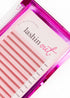 A tray of pink eyelash extensions. Each strip is a different size. There are two strips of 9mm, 3 strips of 10 mm, 3 strips of 11 mm. 