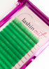 A tray of green lashes. There are 2 strips of 9mm, 3 strips of 10mm, and 3 strips of 11mm shown. 