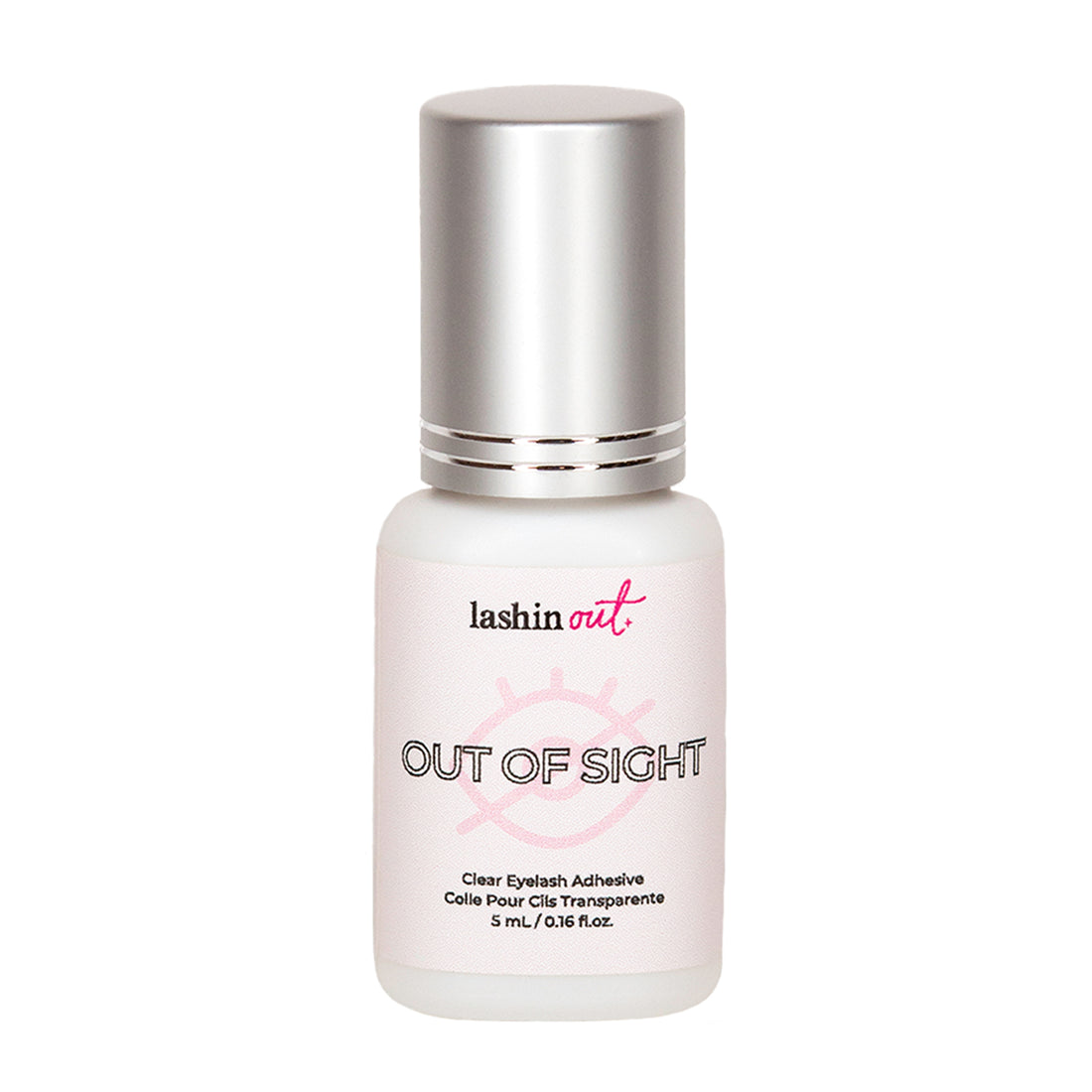 A bottle of Out of Sight clear eyelash adhesive. The bottle is white with a silver top. The words &
