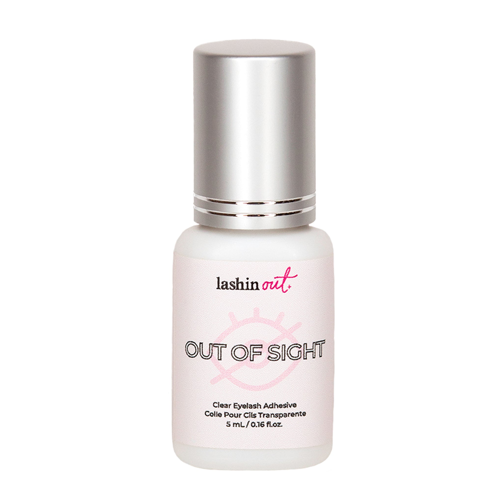 A bottle of Out of Sight clear eyelash adhesive. The bottle is white with a silver top. The words &