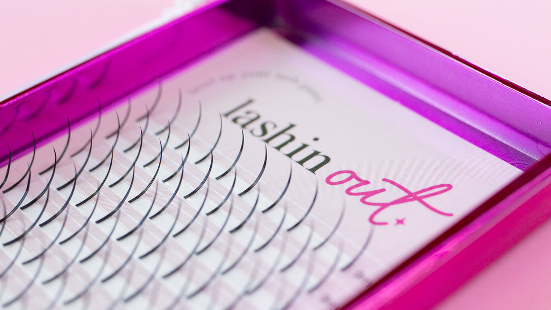A close of view of a tray of pre-made lash spikes. There are 10 pre-made spikes per strip. 
