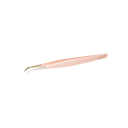 Side view of the Slim 45º Blush Nano Tip Lash Tweezer. The 45º angled tip is clearly shown. 